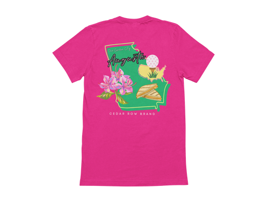 pink tshirt with state of georgia shape featuring augusta