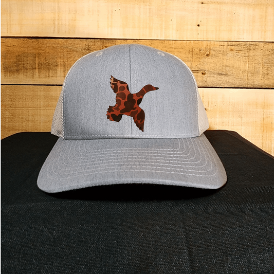 camo duck shaped leather patch on a gray hat